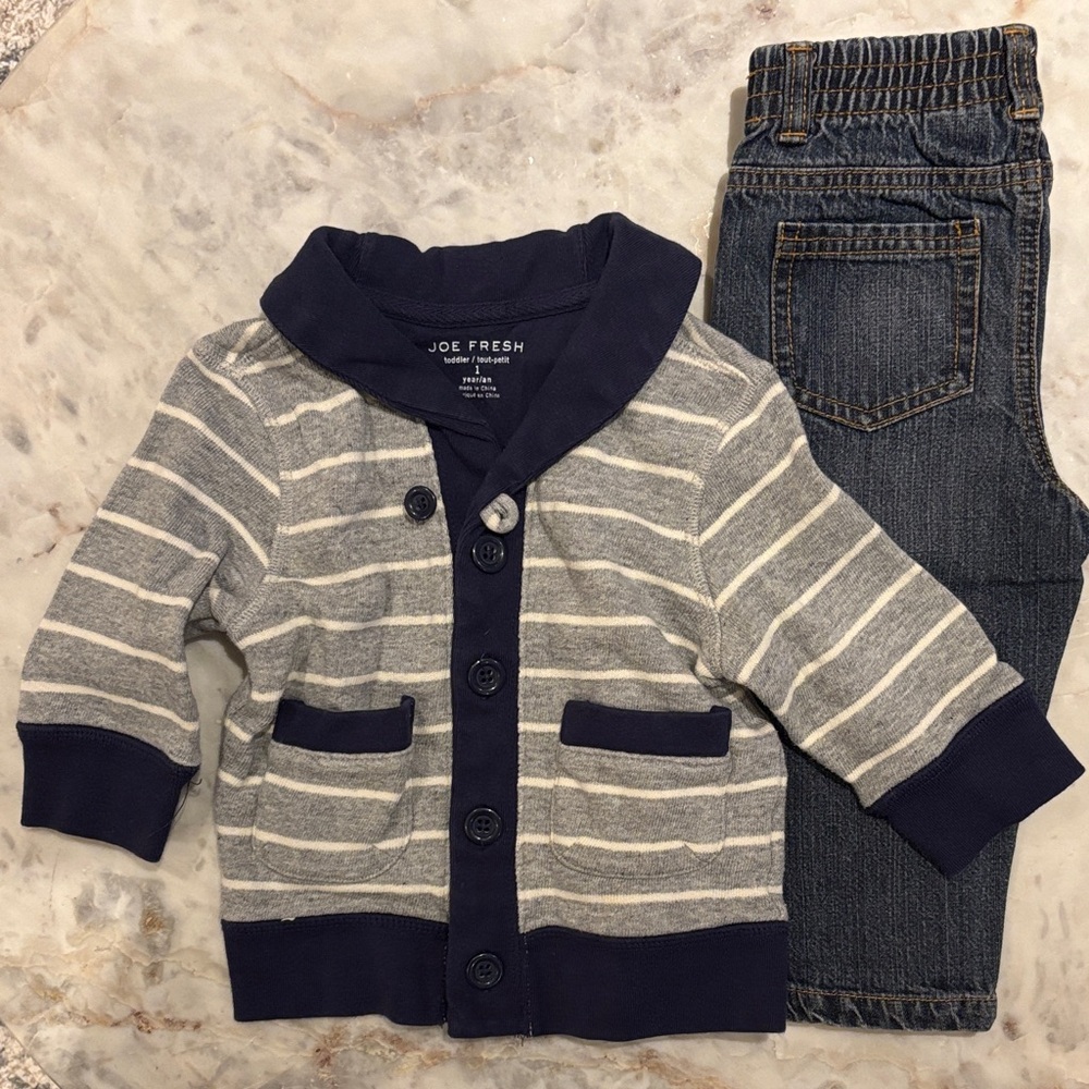Joe Fresh Toddler Sweater and Pants Outfit Gray and Navy Striped